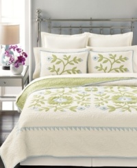 Rich with heirloom details, Martha Stewart Collection's Folklore sham tells a stylish tale with exquisite allover embroidery in a soft, soothing palette. Reverses to solid green quilting. Rich with heirloom details, Martha Stewart Collection's Folklore sham tells a stylish tale with exquisite allover embroidery in a soft, soothing palette. Reverses to solid green quilting.