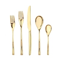 This opulent 5-piece flatware set from Sambonet gets its distinctive polished gold finish through an innovative plating process called physical vapor deposition (PVD). The result is a place setting that is both glamorous and scratch resistant.