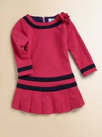 A sailor-inspired design in a drop-waist silhouette with bold stripes, pleated skirt and flower detail.BoatneckLong sleevesBack zipperDrop-waistPleated skirtFully lined77% polyester/20% rayon/3% spandexMachine washImported A sailor-inspired design in a drop-waist silhouette with bold stripes, pleated skirt and flower detail.BoatneckLong sleevesBack zipperDrop-waistPleated skirtFully lined77% polyester/20% rayon/3% spandexMachine washImported