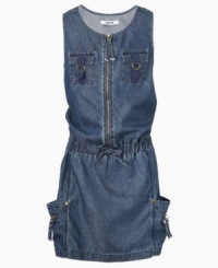 Dress it down. She gets a laid-back look with this denim dress from DKNY, accented with belt-loop closures on the pockets. Dress it down. She gets a laid-back look with this denim dress from DKNY, accented with belt-loop closures on the pockets.