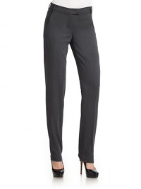 THE LOOKFlat-frontNarrow waistband with belt loopsFront zipperDual side pocketsTapered hemTHE FITInseam, about 30THE MATERIAL99% virgin wool/1% elastaneCARE & ORIGINDry cleanImportedModel shown is 5'11 (180cm) wearing US size 4. THE LOOKFlat-frontNarrow waistband with belt loopsFront zipperDual side pocketsTapered hemTHE FITInseam, about 30THE MATERIAL99% virgin wool/1% elastaneCARE & ORIGINDry cleanImportedModel shown is 5'11 (180cm) wearing US size 4.