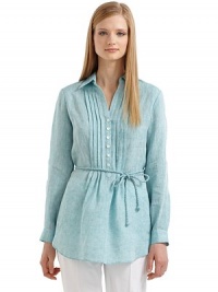 THE LOOKShirt collarFront button closureLong button cuff sleeves Pleated placketBraided tie beltSide seam pocketsShirttail hemPleated backTHE FITAbout 27 longTHE MATERIALLinenCARE & ORIGINMachine washImportedModel shown is 5'10 (177cm) wearing US size 4. THE LOOKShirt collarFront button closureLong button cuff sleeves Pleated placketBraided tie beltSide seam pocketsShirttail hemPleated backTHE FITAbout 27 longTHE MATERIALLinenCARE & ORIGINMachine washImportedModel shown is 5'10 (177cm) wearing US size 4.