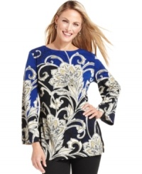 JM Collection's printed petite tunic features an allover scrolling print that adds panache to any ensemble! JM Collection's printed petite tunic features an allover scrolling print that adds panache to any ensemble!