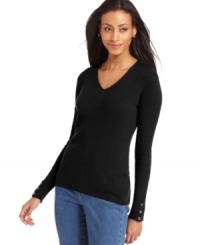 Build your wardrobe with Charter Club's petite classic ribbed V-neck sweater. Build your wardrobe with Charter Club's petite classic ribbed V-neck sweater.