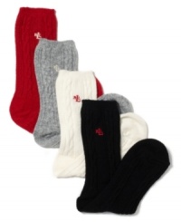 Keep cozy in these plush cashmere socks from Lauren Ralph Lauren. The classic cable knit design is accented with the iconic LRL logo for understated signature style.