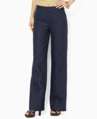 Inspired by smartly tailored menswear, these pinstriped wool petite pants from Lauren by Ralph Lauren are crafted with a chic, wide leg for an ultra-feminine silhouette. (Clearance)