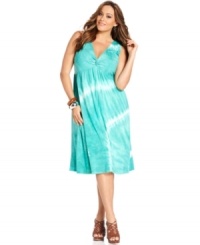 Land a hippie-chic look with INC's sleeveless plus size dress, highlighted by a tie-dye print! Land a hippie-chic look with INC's sleeveless plus size dress, highlighted by a tie-dye print!