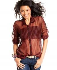 Go edgy in Eyeshadow's killer update to the classic plaid button-down! Sports sheer design and a super-hot lace back. Go edgy in Eyeshadow's killer update to the classic plaid button-down! Sports sheer design and a super-hot lace back.