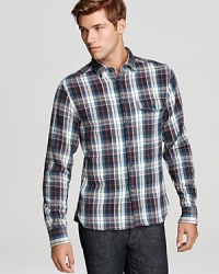 Sport a traditional plaid pattern in comfortable cotton twill with this work-friendly button-down, a handsome design with rugged appeal. From Edun. Sport a traditional plaid pattern in comfortable cotton twill with this work-friendly button-down, a handsome design with rugged appeal. From Edun.