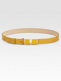 A shiny goldtone buckle accents this bright, beautiful, supple calfskin leather belt.About 1 wideImported