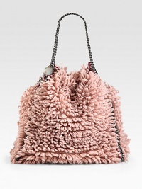 A looped wool style with faux leather whipstitching and shiny link chain trim that follows the brand's vegetarian initiatives.Double chain top handles, 8½ dropMagnetic snap closureOne inside zip pocketFaux suede lined14½W X 14H X 2½DMade in Italy A looped wool style with faux leather whipstitching and shiny link chain trim that follows the brand's vegetarian initiatives.Double chain top handles, 8½ dropMagnetic snap closureOne inside zip pocketFaux suede lined14½W X 14H X 2½DMade in Italy