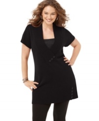 Add a bit of shimmer to your look this season with Extra Touch's short sleeve plus size tunic sweater, featuring a metallic inset.