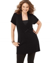 Add a bit of shimmer to your look this season with Extra Touch's short sleeve plus size tunic sweater, featuring a metallic inset. Add a bit of shimmer to your look this season with Extra Touch's short sleeve plus size tunic sweater, featuring a metallic inset.