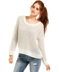 Keep it casual in this relaxed open-knit sweater from Eyeshadow. Metallic threading adds pop to your look! Keep it casual in this relaxed open-knit sweater from Eyeshadow. Metallic threading adds pop to your look!