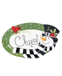 Frosty in his element. Everyone's favorite snowman cheers the wintry weather with a feathered friend on this cute, kid-friendly platter from Fitz and Floyd's collection of serveware and serving dishes. Frosty in his element. Everyone's favorite snowman cheers the wintry weather with a feathered friend on this cute, kid-friendly platter from Fitz and Floyd's collection of serveware and serving dishes.
