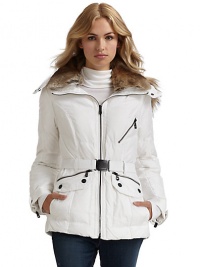 THE LOOKRemovable fur collarHoodedZip closureAngled zip pocket at chestDual zip pockets with flap accentsBelted waistZip cuffs with snap detailTHE FITAbout 24 from shoulder to hemTHE MATERIALShell: polyesterFill: down/waterfowl feathersFur: dyed rabbit furFully linedCARE & ORIGINMachine washFur origin: ChinaImportedModel shown is 5'10 (177cm) wearing US size Small. THE LOOKRemovable fur collarHoodedZip closureAngled zip pocket at chestDual zip pockets with flap accentsBelted waistZip cuffs with snap detailTHE FITAbout 24 from shoulder to hemTHE MATERIALShell: polyesterFill: down/waterfowl feathersFur: dyed rabbit furFully linedCARE & ORIGINMachine washFur origin: ChinaImportedModel shown is 5'10 (177cm) wearing US size Small.