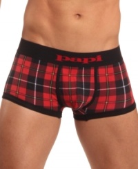 Change up you pattern underneath with these plaid trunks from Papi. Change up you pattern underneath with these plaid trunks from Papi.
