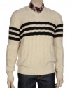 Vince Mens Cabled V-Neck Wool Beige Sweater Black Stripe Long Sleeves