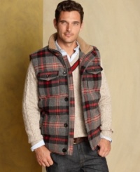 This plaid vest from Tommy Hilfiger adds some heritage style to your layered look this fall. This plaid vest from Tommy Hilfiger adds some heritage style to your layered look this fall.