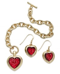 Hearts on fire. Charter Club's matching jewelry set features a heart-designed pendant and earrings crafted from gold tone mixed metal and accented by siam-hued plastic stones. Approximate pendant length: 2-1/4 inches. Approximate earring drop: 1 inch. Includes a signature Charter Club gift box. Hearts on fire. Charter Club's matching jewelry set features a heart-designed pendant and earrings crafted from gold tone mixed metal and accented by siam-hued plastic stones. Approximate pendant length: 2-1/4 inches. Approximate earring drop: 1 inch. Includes a signature Charter Club gift box.