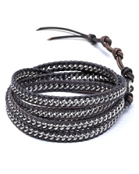 Express yourself with a rugged leather bracelet featuring silver-based metal accents for full-on masculine appeal. Express yourself with a rugged leather bracelet featuring silver-based metal accents for full-on masculine appeal.