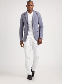 Slim-fitting silhouette, tailored in fine Italian stretch cotton for an incredibly modern approach.Flat frontFront slash, back welt pocketsUnfinished hem98% cotton/2% spandexDry cleanMade in Italy Slim-fitting silhouette, tailored in fine Italian stretch cotton for an incredibly modern approach.Flat frontFront slash, back welt pocketsUnfinished hem98% cotton/2% spandexDry cleanMade in Italy