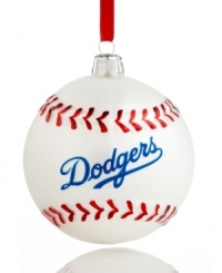 Bring year-round cheer to Los Angeles with the MLB baseball ornament from Kurt Adler. It's a guaranteed hit with Dodgers fans in red and white glass. Bring year-round cheer to Los Angeles with the MLB baseball ornament from Kurt Adler. It's a guaranteed hit with Dodgers fans in red and white glass.