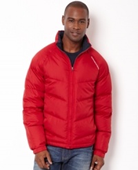 Stay warm in this trendy bold puffer jacket by Nautica. Stay warm in this trendy bold puffer jacket by Nautica.