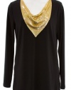 Michael Kors Black Jersey Long Sleeve Shirt Top With Gold Tone Scarf Detailed Neckline