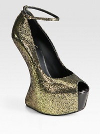 Secured by an adjustable ankle strap, this sculpted wedge has a printed metallic suede upper and peep toe. Sculpted wedge, 6 (150mm)Covered platform, 2 (50mm)Compares to a 4 heel (100mm)Printed metallic suede upperLeather lining and solePadded insoleMade in Italy Secured by an adjustable ankle strap, this sculpted wedge has a printed metallic suede upper and peep toe. Sculpted wedge, 6 (150mm)Covered platform, 2 (50mm)Compares to a 4 heel (100mm)Printed metallic suede upperLeather lining and solePadded insoleMade in Italy