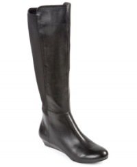 Sleek and smooth. The Cameron boots by Me Too feature Lycra fabric along the back and a cute contoured wedge heel. Sleek and smooth. The Cameron boots by Me Too feature Lycra fabric along the back and a cute contoured wedge heel.