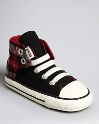 A back plaid panel with hidden Velcro® at the sides make this stylish high top a snap to slip on and off. A back plaid panel with hidden Velcro® at the sides make this stylish high top a snap to slip on and off.