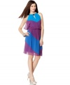 A colorblocked pattern on a sheer, blouson-style overlay makes this Vince Camuto dress incomparably on-trend for the spring season. Dress up with strappy metallic heels or make playful with natural-hued wedges.