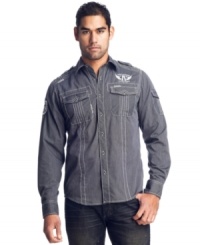 Add some edge to your weekend wardrobe with this woven shirt from Affliction. Add some edge to your weekend wardrobe with this woven shirt from Affliction.