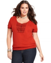 Crochet trim lends a charming appeal to Lucky Brand Jeans' plus size peasant top-- complete the look with your favorite casual bottoms. Crochet trim lends a charming appeal to Lucky Brand Jeans' plus size peasant top-- complete the look with your favorite casual bottoms.