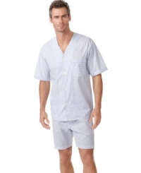 Get your summer sleepwear style going with this breezy short-sleeved shirt and shorts pajamas set from Club Room. Get your summer sleepwear style going with this breezy short-sleeved shirt and shorts pajamas set from Club Room.