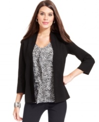 Alfani's jacket is sleek and streamlined with three-quarter sleeves and an open-front style. Alfani's jacket is sleek and streamlined with three-quarter sleeves and an open-front style.