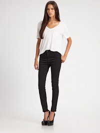 Sleek and slim, tailored with a hint of stretch and a flattering high rise.THE FITSlim fitMedium rise, about 9Inseam, about 28THE DETAILSZip flyFive-pocket style98% cotton/2% LycraMachine washMade in USA of imported fabric Sleek and slim, tailored with a hint of stretch and a flattering high rise.THE FITSlim fitMedium rise, about 9Inseam, about 28THE DETAILSZip flyFive-pocket style98% cotton/2% LycraMachine washMade in USA of imported fabric