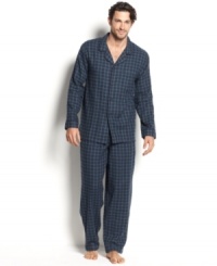 Check in and lounge in this flannel pajama set by Club Room. Check in and lounge in this flannel pajama set by Club Room.