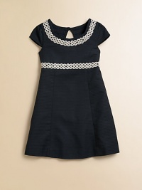 Dainty lace trim, cap sleeves and princess seaming make this woven frock a little girl's wardrobe must-have.ScoopneckCap sleevesBack keyhole button and zipperWaistband with lace trimPrincess seamsFlared skirtFully linedCottonMachine washImported Dainty lace trim, cap sleeves and princess seaming make this woven frock a little girl's wardrobe must-have.ScoopneckCap sleevesBack keyhole button and zipperWaistband with lace trimPrincess seamsFlared skirtFully linedCottonMachine washImported