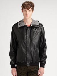 Casual cool is an understatement when defining this fiercely modern zip-up hoodie rendered in fine Italian lambskin leather with a soft jersey cotton lining for a complete look that takes your outerwear collection to the next level.Zip-frontSnap-button placketAttached hoodChest, waist slash pocketsRibbed knit cuffs and hemAbout 27 from shoulder to hemLambskinDry cleanImported of Italian fabric Casual cool is an understatement when defining this fiercely modern zip-up hoodie rendered in fine Italian lambskin leather with a soft jersey cotton lining for a complete look that takes your outerwear collection to the next level.Zip-frontSnap-button placketAttached hoodChest, waist slash pocketsRibbed knit cuffs and hemAbout 27 from shoulder to hemLambskinDry cleanImported of Italian fabric