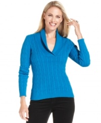 Cozy as can be, Charter Club's classic cable knit sweater comes sized just for petites. The shawl collar adds an elegant touch to this essential pullover. Cozy as can be, Charter Club's classic cable knit sweater comes sized just for petites. The shawl collar adds an elegant touch to this essential pullover.