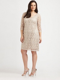 A glamorous lace overlay adds vintage charm to this distinctive sheath with chic, three-quarter sleeves.Feminine v-necklineThree-quarter sleevesBack zipperFully linedAbout 24 from natural waistSelf; 95% metallic thread/5% polyesterSlip; 97% polyester/3% spandexDry cleanImported A glamorous lace overlay adds vintage charm to this distinctive sheath with chic, three-quarter sleeves.Feminine v-necklineThree-quarter sleevesBack zipperFully linedAbout 24 from natural waistSelf; 95% metallic thread/5% polyesterSlip; 97% polyester/3% spandexDry cleanImported