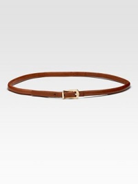 Rich skinny leather strip with goldtone hardware is the perfect waist-cinching accessory.About ½ wide Cow leather Imported Rich skinny leather strip with goldtone hardware is the perfect waist-cinching accessory.About ½ wide Cow leather Imported
