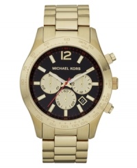 A dramatic black dial adds intrigue to this golden Layton collection watch from Michael Kors. A dramatic black dial adds intrigue to this golden Layton collection watch from Michael Kors.