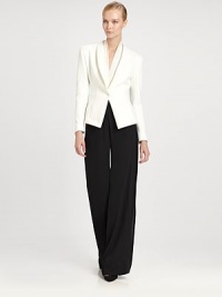 Duchesse satin jersey, expertly molded in a modified shawl-collar blazer.Defined shouldersSingle button frontBodice seamsAbout 24 from shoulder to hem85% nylon/15% spandexDry cleanImported of Italian fabricModel shown is 5'11 (180cm) wearing US size 4. Duchesse satin jersey, expertly molded in a modified shawl-collar blazer.Defined shouldersSingle button frontBodice seamsAbout 24 from shoulder to hem85% nylon/15% spandexDry cleanImported of Italian fabricModel shown is 5'11 (180cm) wearing US size 4.