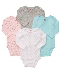 Basics don't need to be boring. Keep her outfits feeling fun with any of these bodysuits from this Carter's 4-pack. Basics don't need to be boring. Keep her outfits feeling fun with any of these bodysuits from this Carter's 4-pack.