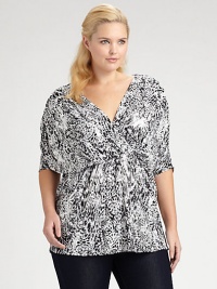 A distinctive abstract print on a stretchy, lightweight fabric has a flattering pleated crossover front and dolman sleeves for easy, draped shaping.V necklinePleated crossover bodiceElbow-length dolman sleevesStitched waistAbout 31 from shoulder to hemVenezia polyester/spandexDry cleanMade in USA A distinctive abstract print on a stretchy, lightweight fabric has a flattering pleated crossover front and dolman sleeves for easy, draped shaping.V necklinePleated crossover bodiceElbow-length dolman sleevesStitched waistAbout 31 from shoulder to hemVenezia polyester/spandexDry cleanMade in USA