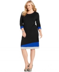 Impress at the office in Cha Cha Vente's three-quarter-sleeve plus size dress, featuring a must-have colorblocked pattern. Impress at the office in Cha Cha Vente's three-quarter-sleeve plus size dress, featuring a must-have colorblocked pattern.