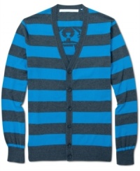 This tiger has earned his stripes: Sean John button-front cardigan, featuring a roaring tiger emblem on back. This tiger has earned his stripes: Sean John button-front cardigan, featuring a roaring tiger emblem on back.